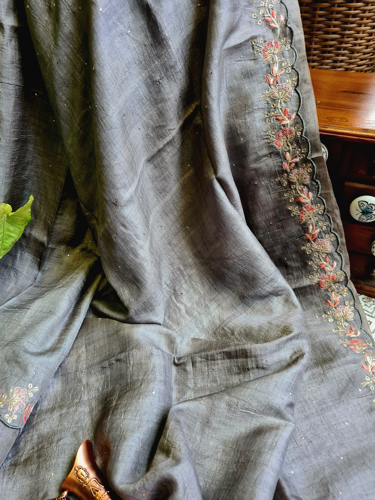 Zynah Grey Color Handwoven Tussar Silk Saree Embellished with Pitan hand embroidery and Mukaish handwork; Custom Stitched/Ready-made Blouse, Fall, Petticoat; Shipping available USA, Worldwide