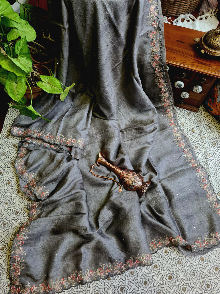 Zynah Grey Color Handwoven Tussar Silk Saree Embellished with Pitan hand embroidery and Mukaish handwork; Custom Stitched/Ready-made Blouse, Fall, Petticoat; Shipping available USA, Worldwide
