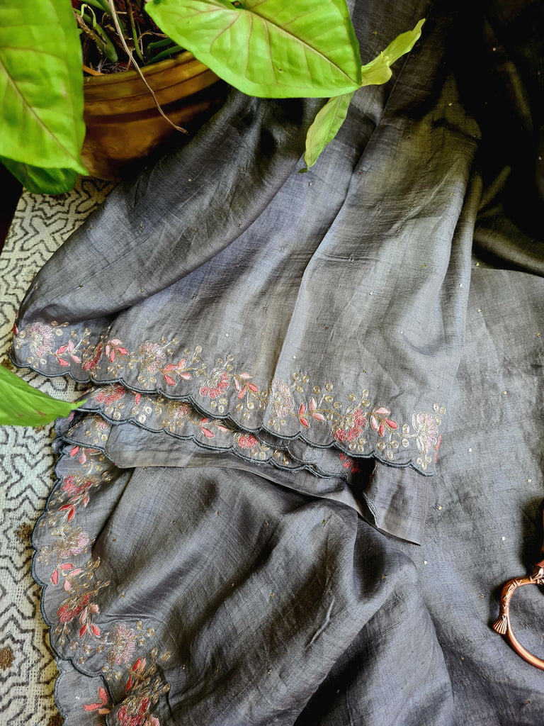 Zynah Grey Color Handwoven Tussar Silk Saree Embellished with Pitan hand embroidery and Mukaish handwork; Custom Stitched/Ready-made Blouse, Fall, Petticoat; Shipping available USA, Worldwide