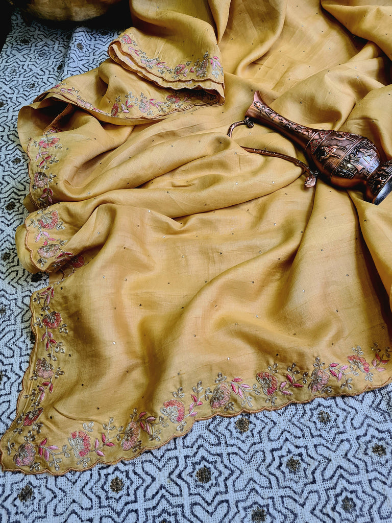 Zynah Yellow Color Handwoven Tussar Silk Saree Embellished with Pitan hand embroidery and Mukaish handwork; Custom Stitched/Ready-made Blouse, Fall, Petticoat; Shipping available USA, Worldwide