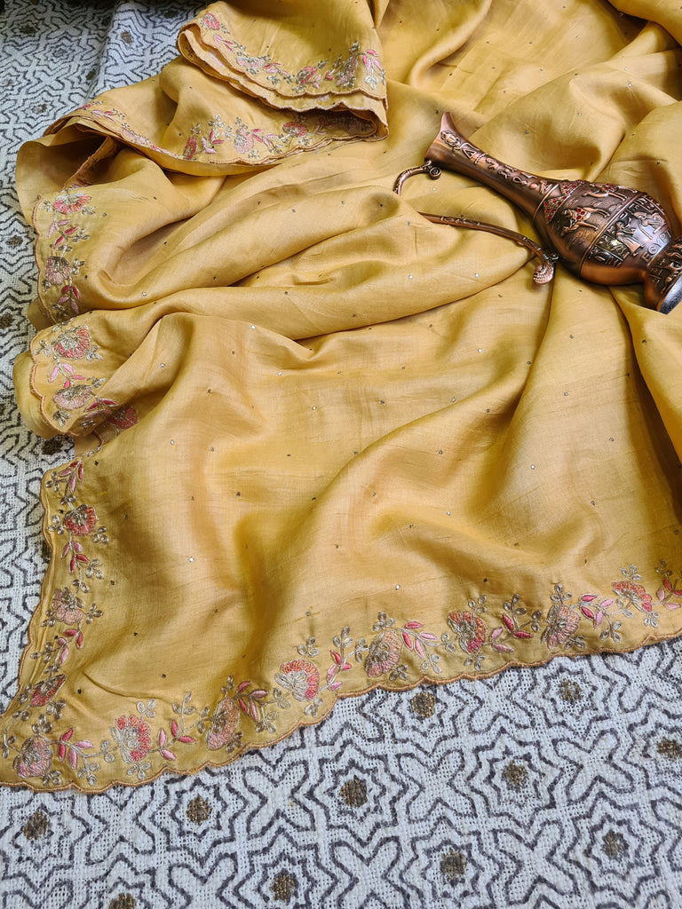 Zynah Yellow Color Handwoven Tussar Silk Saree Embellished with Pitan hand embroidery and Mukaish handwork; Custom Stitched/Ready-made Blouse, Fall, Petticoat; Shipping available USA, Worldwide