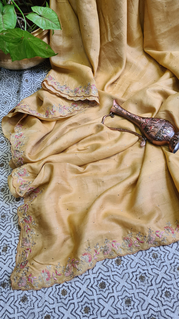 Zynah Yellow Color Handwoven Tussar Silk Saree Embellished with Pitan hand embroidery and Mukaish handwork; Custom Stitched/Ready-made Blouse, Fall, Petticoat; Shipping available USA, Worldwide