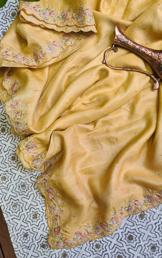 Zynah Yellow Color Handwoven Tussar Silk Saree Embellished with Pitan hand embroidery and Mukaish handwork; Custom Stitched/Ready-made Blouse, Fall, Petticoat; Shipping available USA, Worldwide