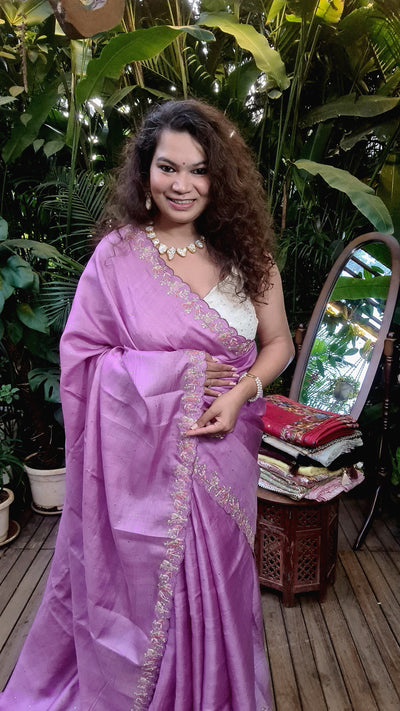 Zynah Lilac Color Handwoven Tussar Silk Saree Embellished with Pitan hand embroidery and Mukaish handwork; Custom Stitched/Ready-made Blouse, Fall, Petticoat; Shipping available USA, Worldwide
