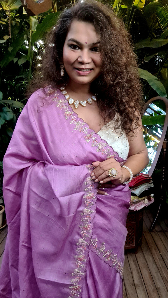 Zynah Lilac Color Handwoven Tussar Silk Saree Embellished with Pitan hand embroidery and Mukaish handwork; Custom Stitched/Ready-made Blouse, Fall, Petticoat; Shipping available USA, Worldwide