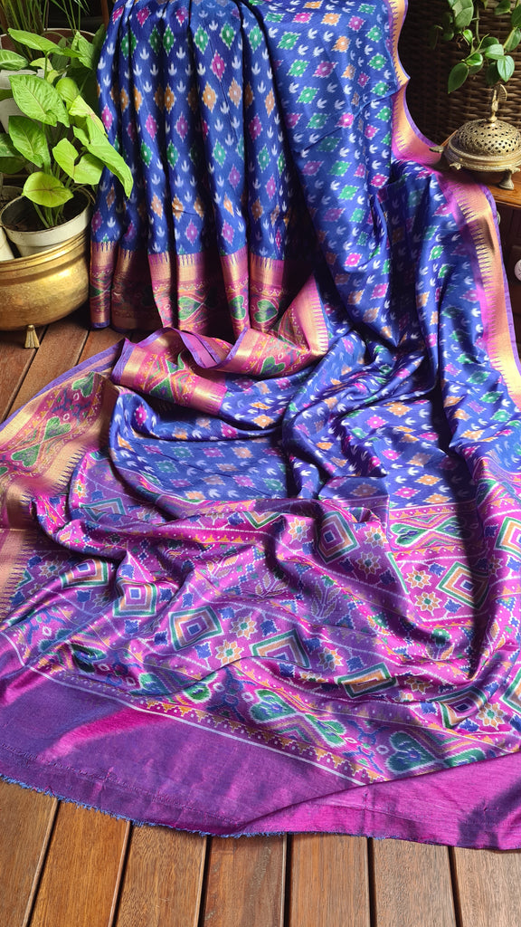 Zynah Blue Color Soft Silk Ikkat Printed Saree with woven zari borders; Custom Stitched/Ready-made Blouse, Fall, Petticoat; Shipping available USA, Worldwide