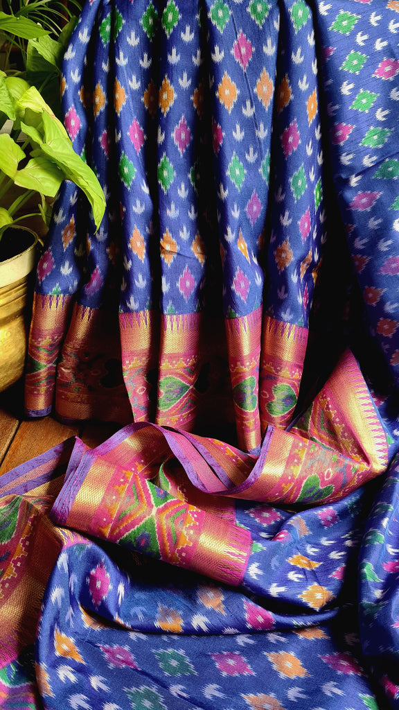 Zynah Blue Color Soft Silk Ikkat Printed Saree with woven zari borders; Custom Stitched/Ready-made Blouse, Fall, Petticoat; Shipping available USA, Worldwide