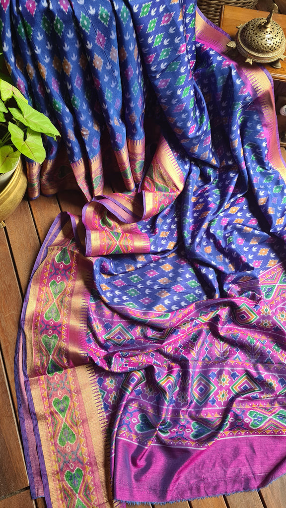 Zynah Blue Color Soft Silk Ikkat Printed Saree with woven zari borders; Custom Stitched/Ready-made Blouse, Fall, Petticoat; Shipping available USA, Worldwide