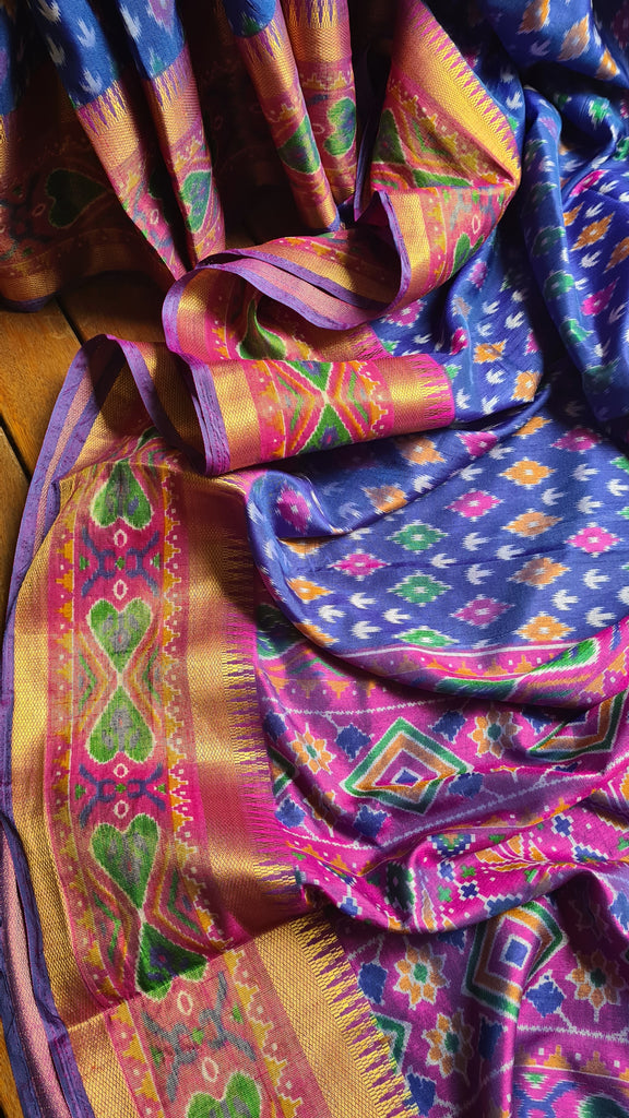 Zynah Blue Color Soft Silk Ikkat Printed Saree with woven zari borders; Custom Stitched/Ready-made Blouse, Fall, Petticoat; Shipping available USA, Worldwide