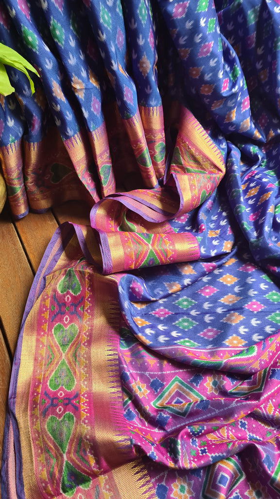 Zynah Blue Color Soft Silk Ikkat Printed Saree with woven zari borders; Custom Stitched/Ready-made Blouse, Fall, Petticoat; Shipping available USA, Worldwide