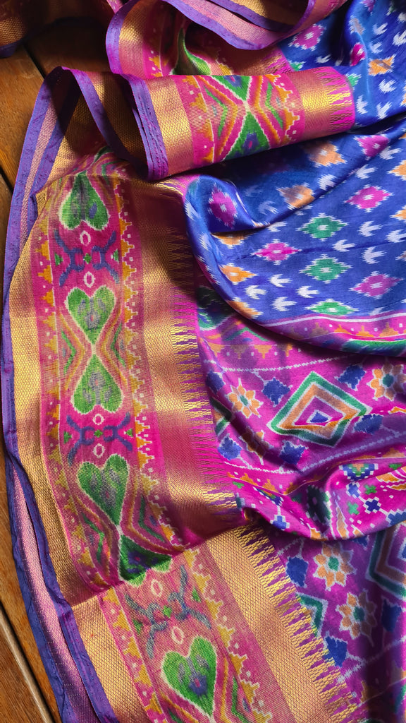 Zynah Blue Color Soft Silk Ikkat Printed Saree with woven zari borders; Custom Stitched/Ready-made Blouse, Fall, Petticoat; Shipping available USA, Worldwide