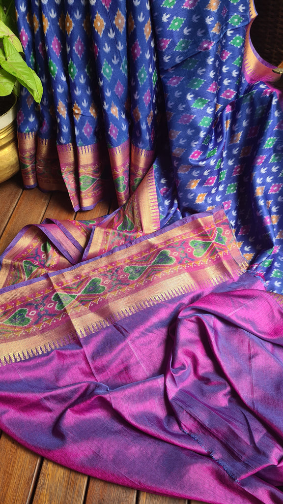 Zynah Blue Color Soft Silk Ikkat Printed Saree with woven zari borders; Custom Stitched/Ready-made Blouse, Fall, Petticoat; Shipping available USA, Worldwide