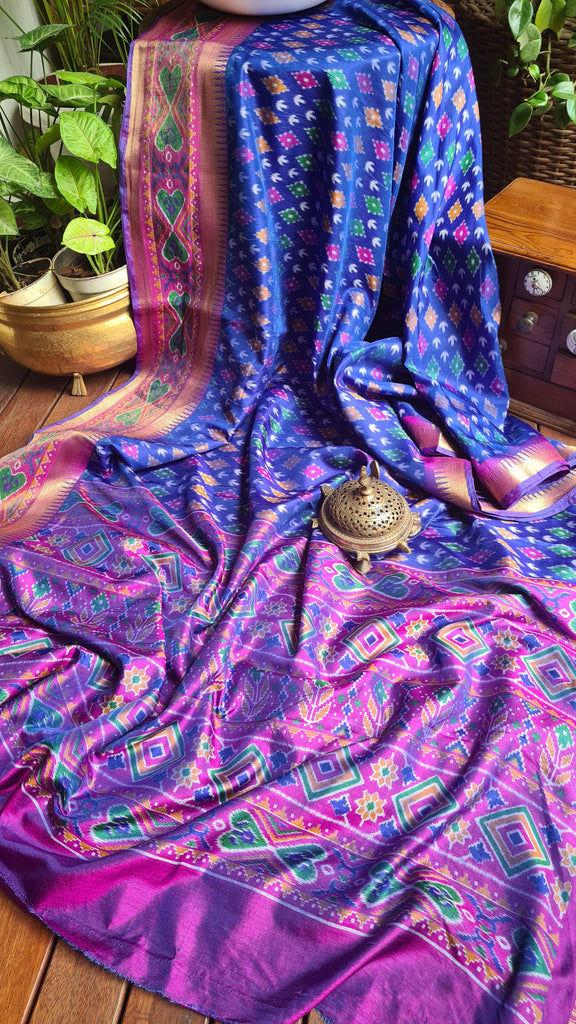 Zynah Blue Color Soft Silk Ikkat Printed Saree with woven zari borders; Custom Stitched/Ready-made Blouse, Fall, Petticoat; Shipping available USA, Worldwide
