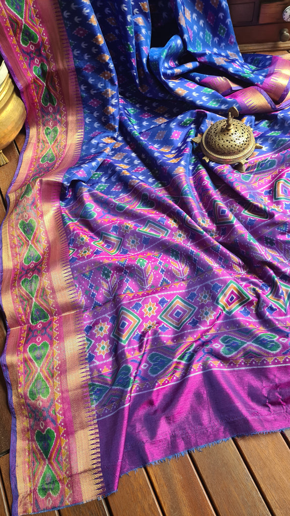 Zynah Blue Color Soft Silk Ikkat Printed Saree with woven zari borders; Custom Stitched/Ready-made Blouse, Fall, Petticoat; Shipping available USA, Worldwide