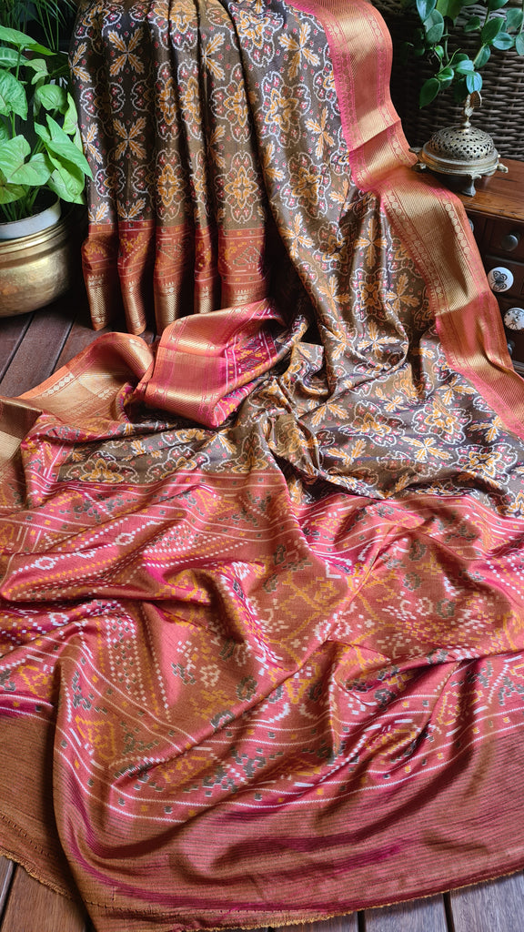 Zynah Golden Color 2 Soft Silk Ikkat Printed Saree with woven zari borders; Custom Stitched/Ready-made Blouse, Fall, Petticoat; Shipping available USA, Worldwide