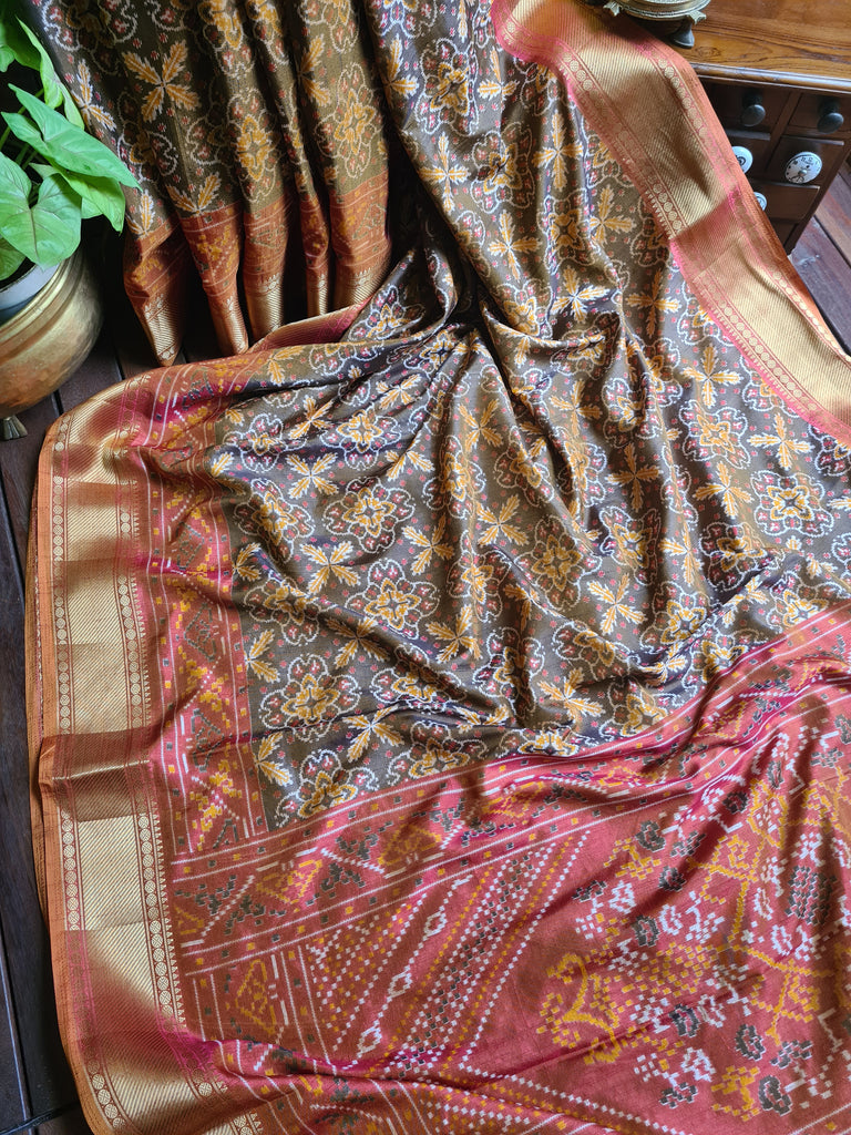 Zynah Golden Color 2 Soft Silk Ikkat Printed Saree with woven zari borders; Custom Stitched/Ready-made Blouse, Fall, Petticoat; Shipping available USA, Worldwide