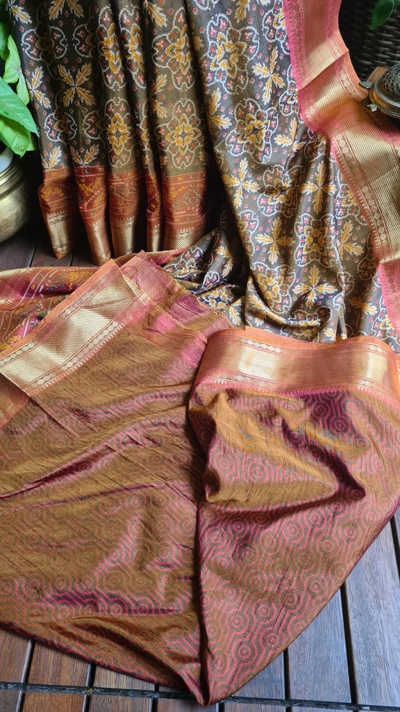 Zynah Golden Color 2 Soft Silk Ikkat Printed Saree with woven zari borders; Custom Stitched/Ready-made Blouse, Fall, Petticoat; Shipping available USA, Worldwide