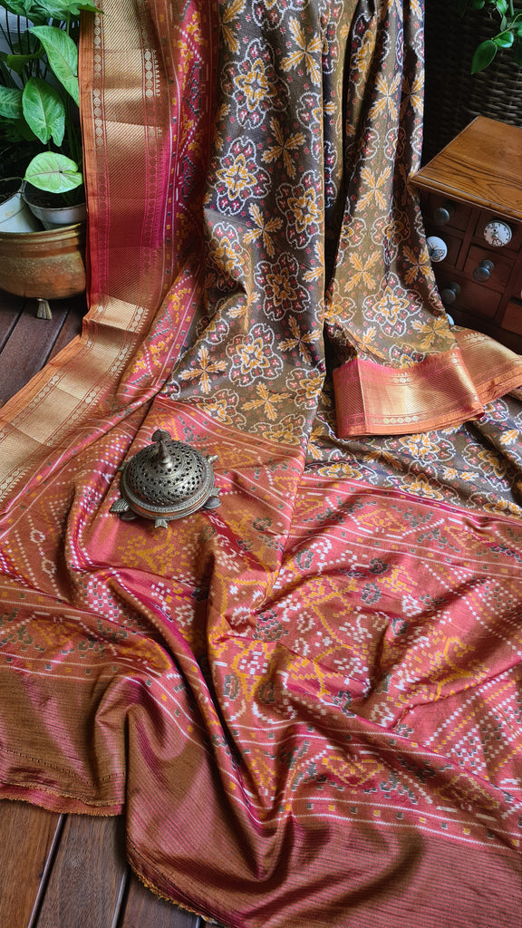 Zynah Golden Color 2 Soft Silk Ikkat Printed Saree with woven zari borders; Custom Stitched/Ready-made Blouse, Fall, Petticoat; Shipping available USA, Worldwide