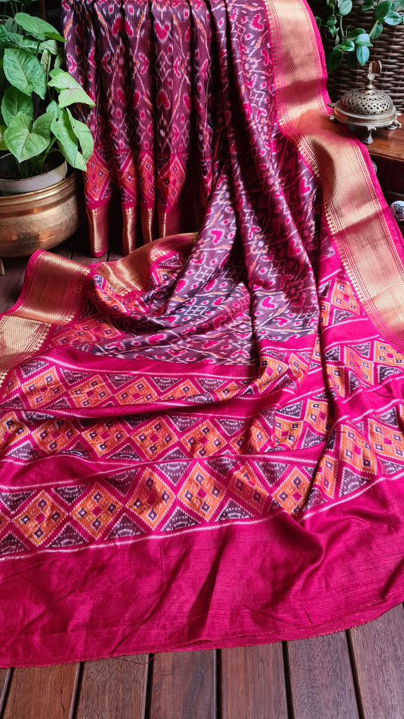 Zynah Maroon Color Soft Silk Ikkat Printed Saree with woven zari borders; Custom Stitched/Ready-made Blouse, Fall, Petticoat; Shipping available USA, Worldwide