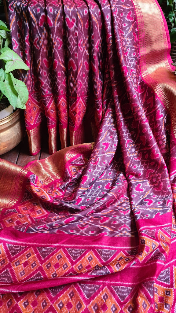 Zynah Maroon Color Soft Silk Ikkat Printed Saree with woven zari borders; Custom Stitched/Ready-made Blouse, Fall, Petticoat; Shipping available USA, Worldwide