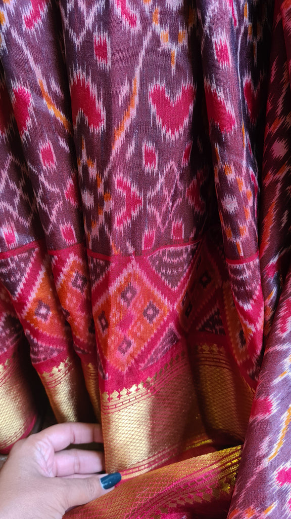 Zynah Maroon Color Soft Silk Ikkat Printed Saree with woven zari borders; Custom Stitched/Ready-made Blouse, Fall, Petticoat; Shipping available USA, Worldwide