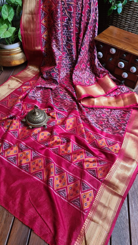 Zynah Maroon Color Soft Silk Ikkat Printed Saree with woven zari borders; Custom Stitched/Ready-made Blouse, Fall, Petticoat; Shipping available USA, Worldwide