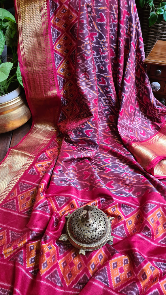 Zynah Maroon Color Soft Silk Ikkat Printed Saree with woven zari borders; Custom Stitched/Ready-made Blouse, Fall, Petticoat; Shipping available USA, Worldwide