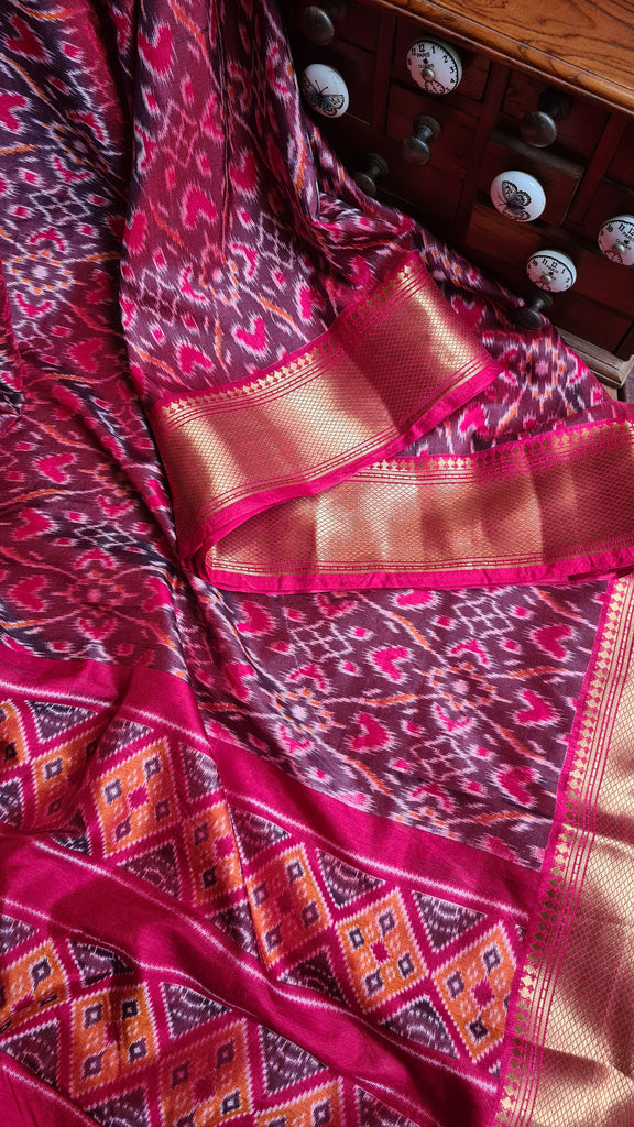 Zynah Maroon Color Soft Silk Ikkat Printed Saree with woven zari borders; Custom Stitched/Ready-made Blouse, Fall, Petticoat; Shipping available USA, Worldwide
