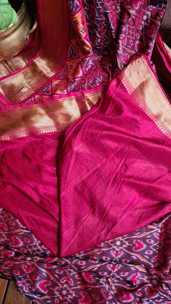Zynah Maroon Color Soft Silk Ikkat Printed Saree with woven zari borders; Custom Stitched/Ready-made Blouse, Fall, Petticoat; Shipping available USA, Worldwide