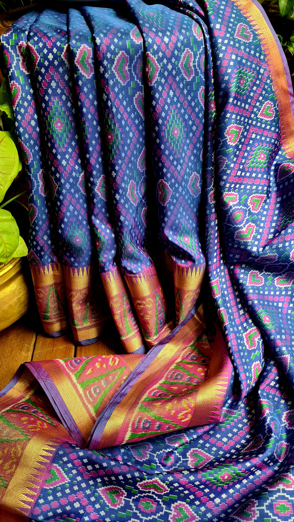 Zynah Blue Color 2 Soft Silk Ikkat Printed Saree with woven zari borders; Custom Stitched/Ready-made Blouse, Fall, Petticoat; Shipping available USA, Worldwide