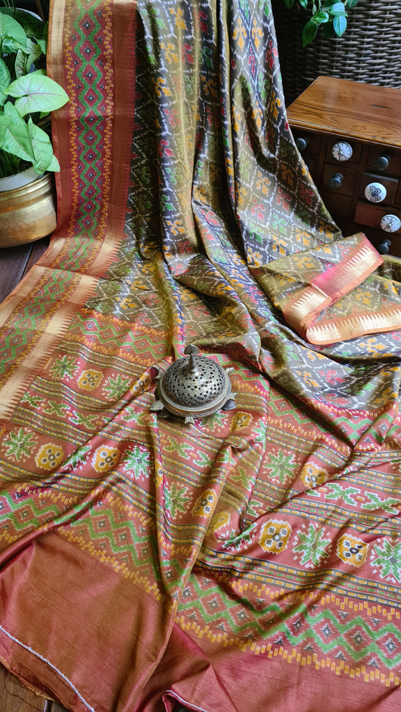 Zynah Golden Color Soft Silk Ikkat Printed Saree with woven zari borders; Custom Stitched/Ready-made Blouse, Fall, Petticoat; Shipping available USA, Worldwide