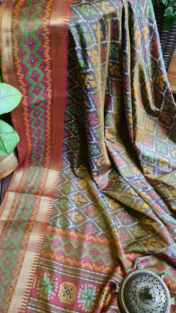 Zynah Golden Color Soft Silk Ikkat Printed Saree with woven zari borders; Custom Stitched/Ready-made Blouse, Fall, Petticoat; Shipping available USA, Worldwide