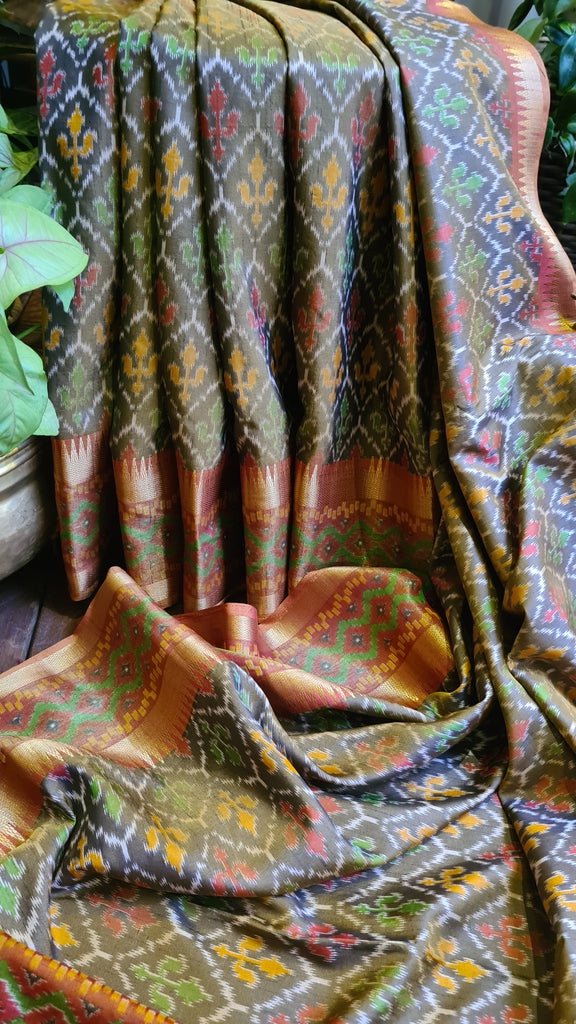 Zynah Golden Color Soft Silk Ikkat Printed Saree with woven zari borders; Custom Stitched/Ready-made Blouse, Fall, Petticoat; Shipping available USA, Worldwide