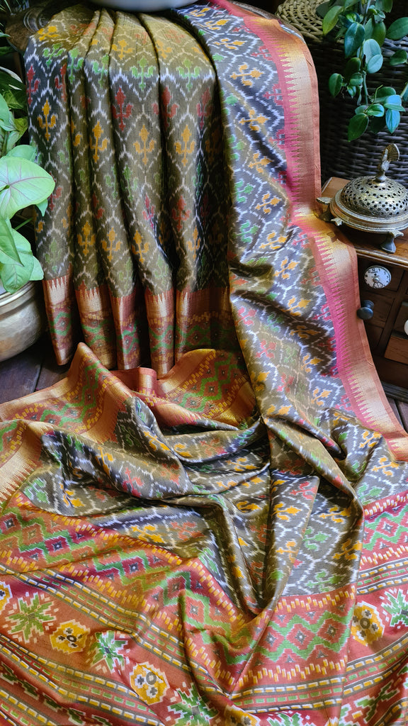 Zynah Golden Color Soft Silk Ikkat Printed Saree with woven zari borders; Custom Stitched/Ready-made Blouse, Fall, Petticoat; Shipping available USA, Worldwide