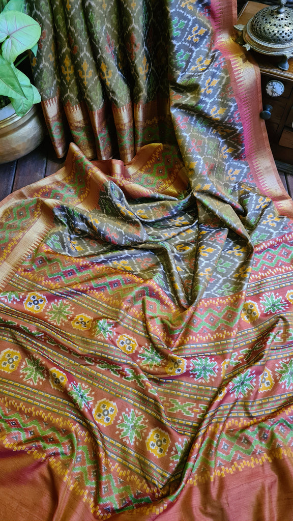 Zynah Golden Color Soft Silk Ikkat Printed Saree with woven zari borders; Custom Stitched/Ready-made Blouse, Fall, Petticoat; Shipping available USA, Worldwide