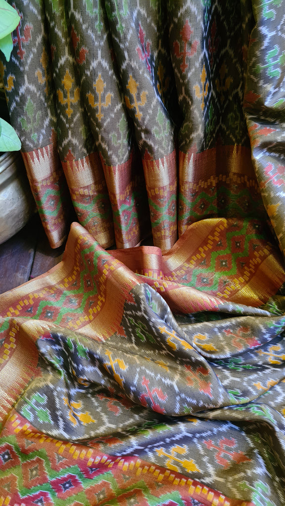 Zynah Golden Color Soft Silk Ikkat Printed Saree with woven zari borders; Custom Stitched/Ready-made Blouse, Fall, Petticoat; Shipping available USA, Worldwide