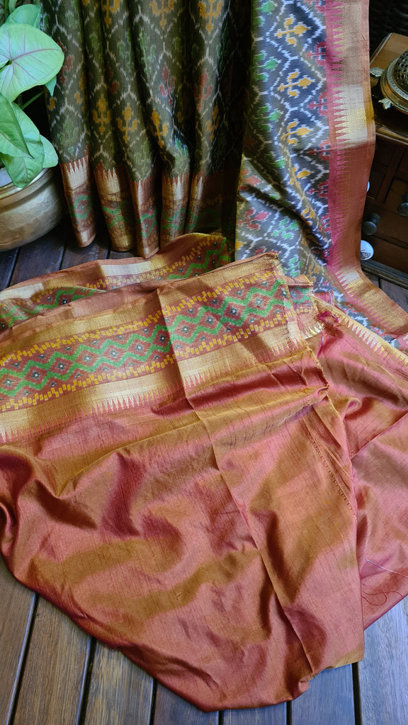 Zynah Golden Color Soft Silk Ikkat Printed Saree with woven zari borders; Custom Stitched/Ready-made Blouse, Fall, Petticoat; Shipping available USA, Worldwide