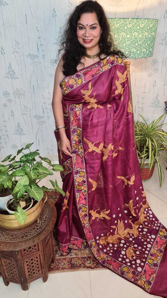 Zynah Wine Color Pure Tussar Silk Parsi work wine color Inspired Saree, Flamingo Bird Motifs; Custom Stitched/Ready-made Blouse, Fall, Petticoat; Shipping available USA, Worldwide