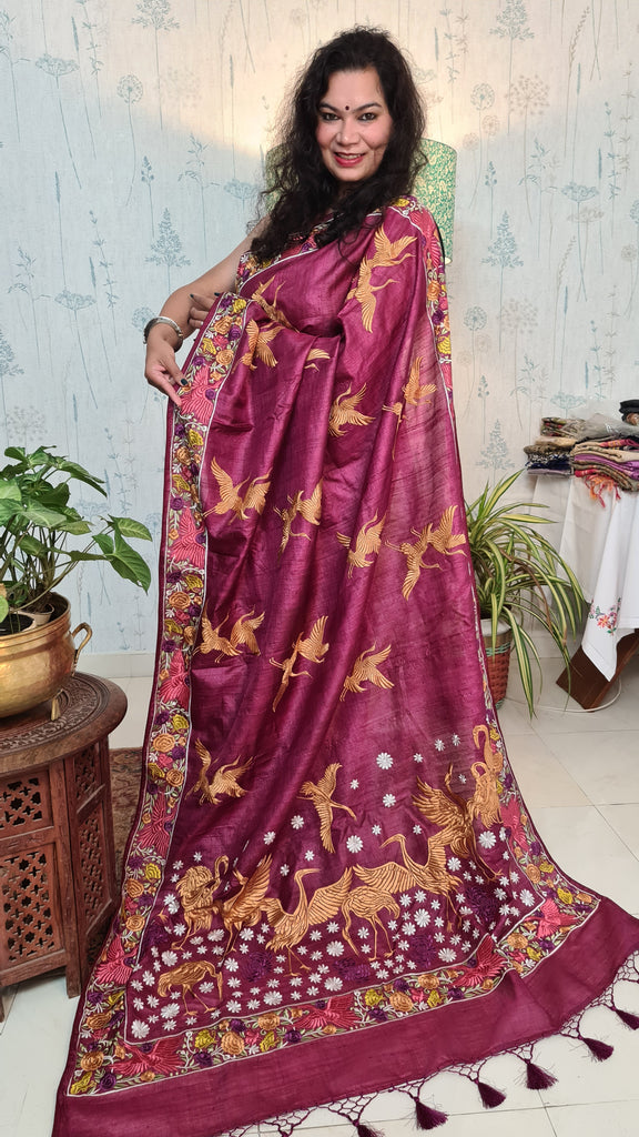 Zynah Wine Color Pure Tussar Silk Parsi work wine color Inspired Saree, Flamingo Bird Motifs; Custom Stitched/Ready-made Blouse, Fall, Petticoat; Shipping available USA, Worldwide