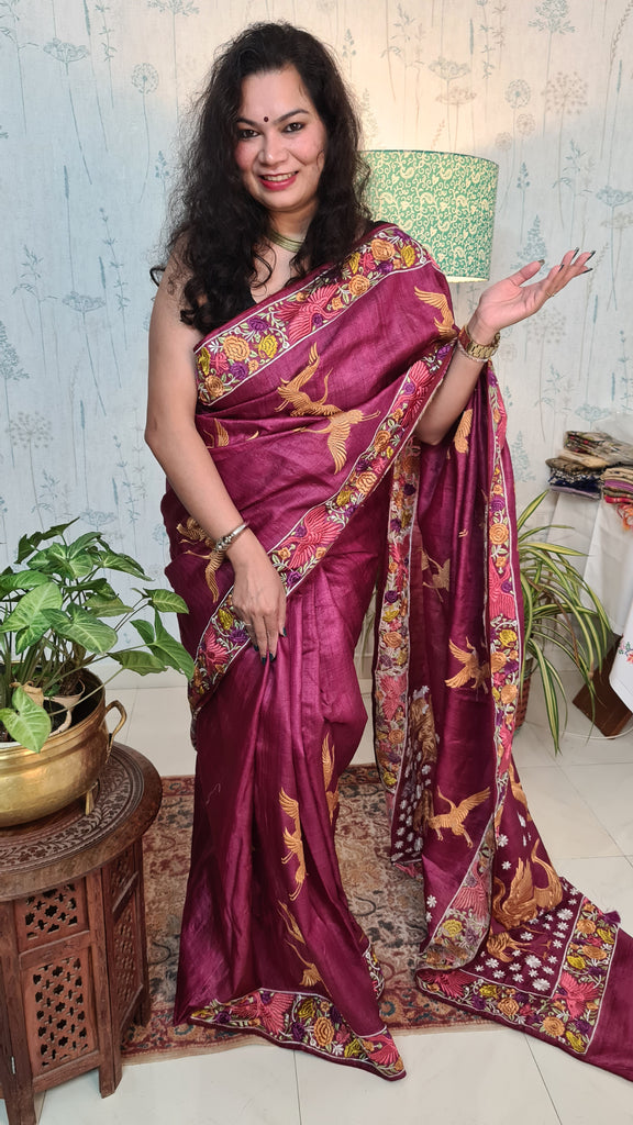 Zynah Wine Color Pure Tussar Silk Parsi work wine color Inspired Saree, Flamingo Bird Motifs; Custom Stitched/Ready-made Blouse, Fall, Petticoat; Shipping available USA, Worldwide