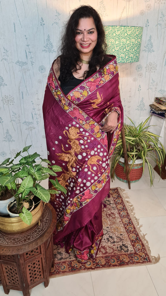 Zynah Wine Color Pure Tussar Silk Parsi work wine color Inspired Saree, Flamingo Bird Motifs; Custom Stitched/Ready-made Blouse, Fall, Petticoat; Shipping available USA, Worldwide