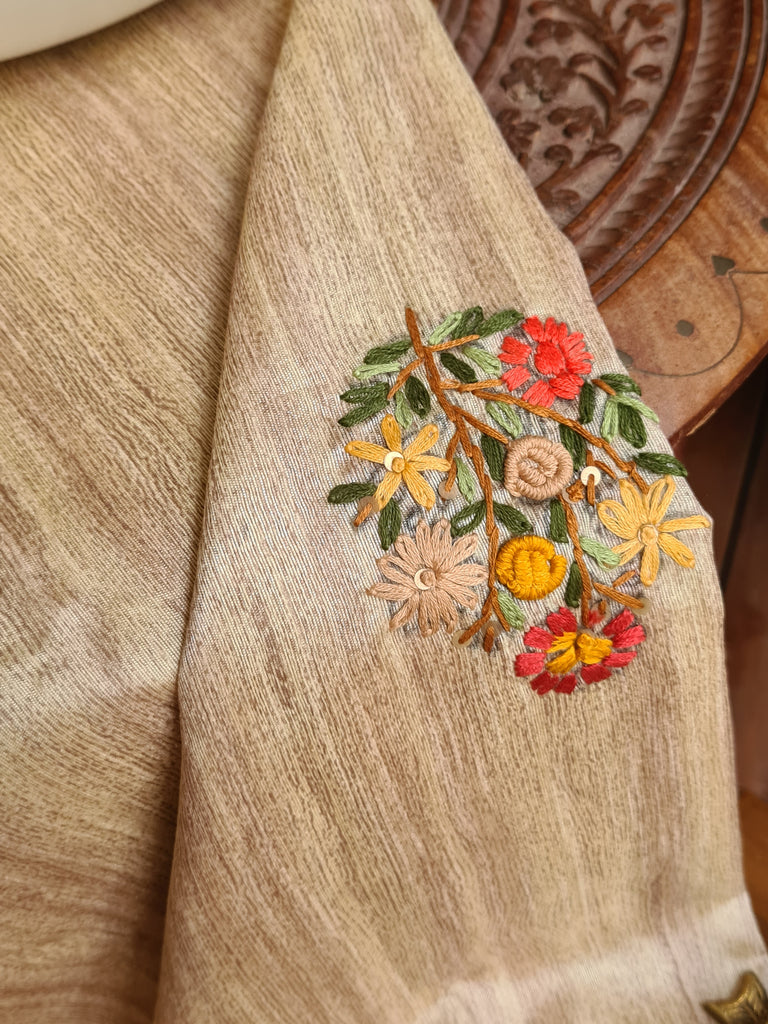 Zynah Tussar Color Jute Tissue Silk Handcrafted Saree with French Knot Hand Embroidery; Custom Stitched/Ready-made Blouse, Fall, Petticoat; Shipping available USA, Worldwide