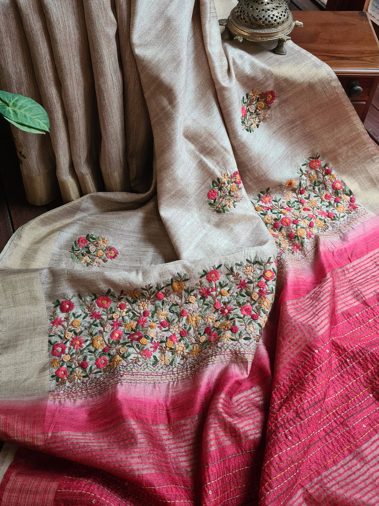 Zynah Tussar Color Jute Tissue Silk Handcrafted Saree with French Knot Hand Embroidery; Custom Stitched/Ready-made Blouse, Fall, Petticoat; Shipping available USA, Worldwide