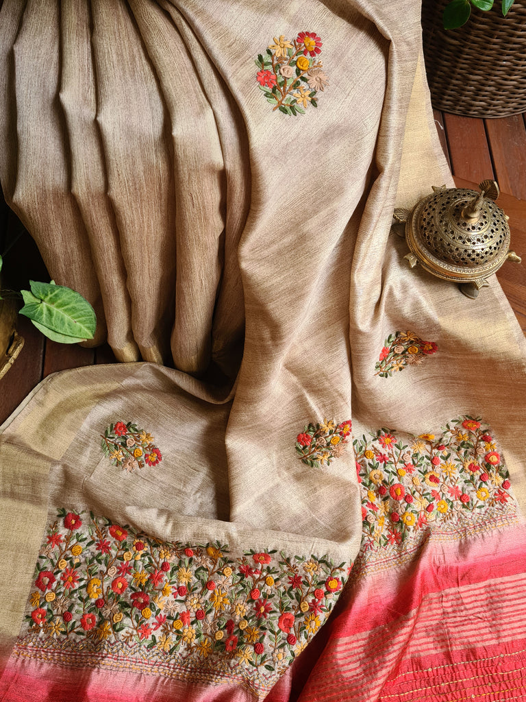 Zynah Tussar Color Jute Tissue Silk Handcrafted Saree with French Knot Hand Embroidery; Custom Stitched/Ready-made Blouse, Fall, Petticoat; Shipping available USA, Worldwide