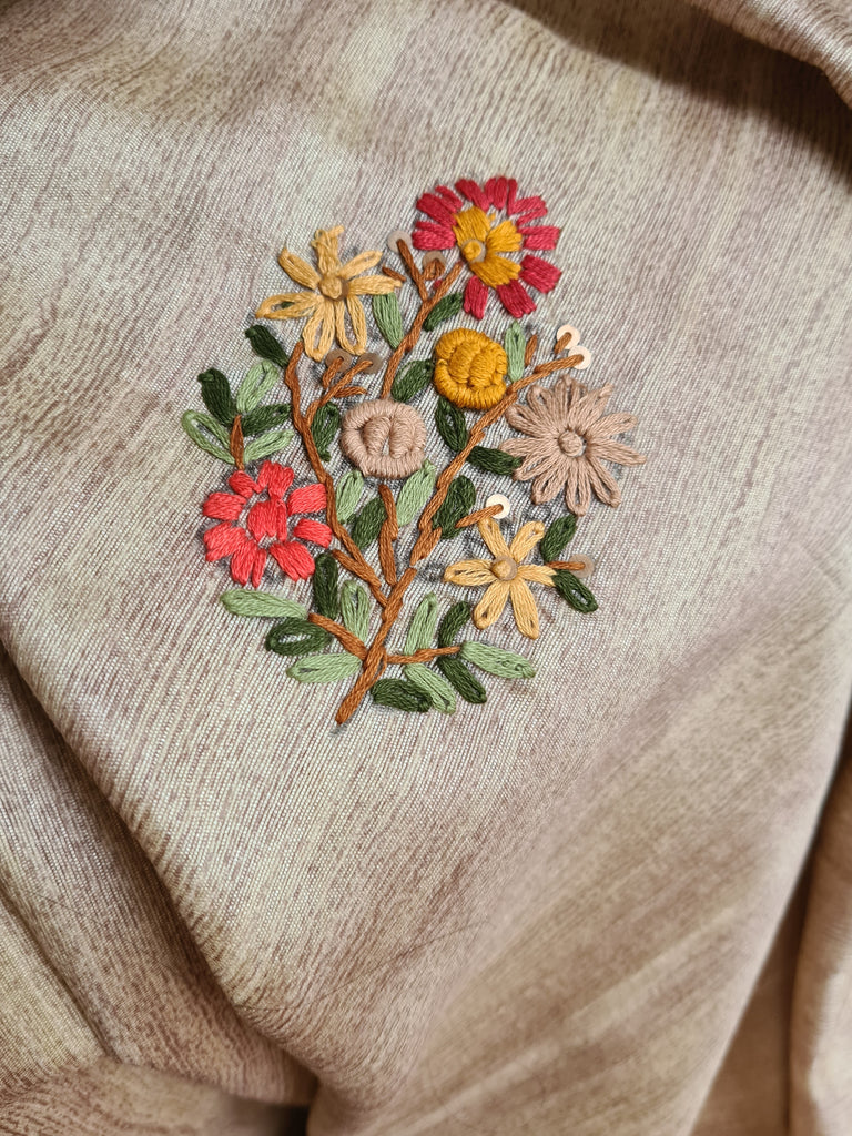 Zynah Tussar Color Jute Tissue Silk Handcrafted Saree with French Knot Hand Embroidery; Custom Stitched/Ready-made Blouse, Fall, Petticoat; Shipping available USA, Worldwide