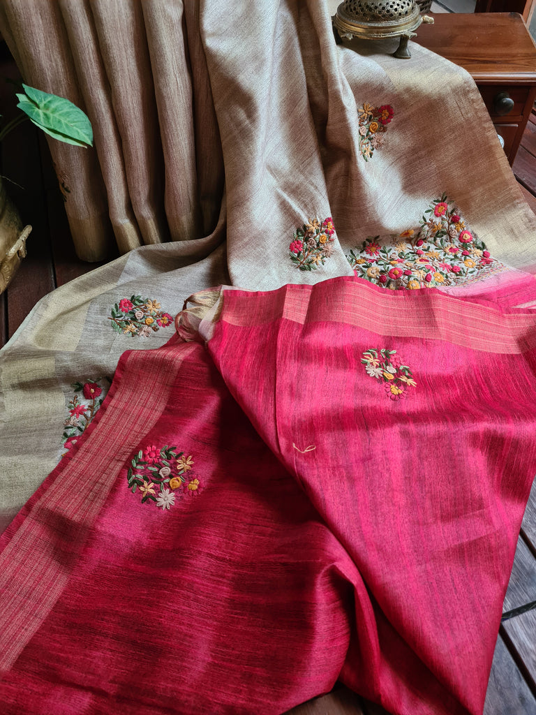 Zynah Tussar Color Jute Tissue Silk Handcrafted Saree with French Knot Hand Embroidery; Custom Stitched/Ready-made Blouse, Fall, Petticoat; Shipping available USA, Worldwide