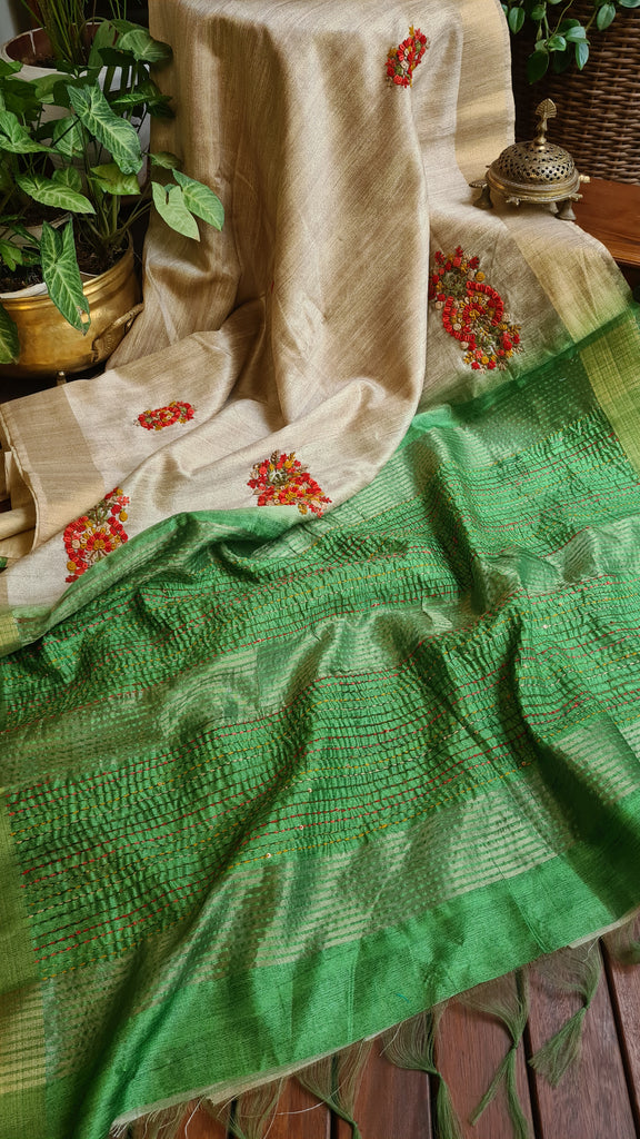 Zynah Tussar & Turquoise Green Color Jute Tissue Silk Handcrafted Saree with French Knot Hand Embroidery; Custom Stitched/Ready-made Blouse, Fall, Petticoat; Shipping available USA, Worldwide