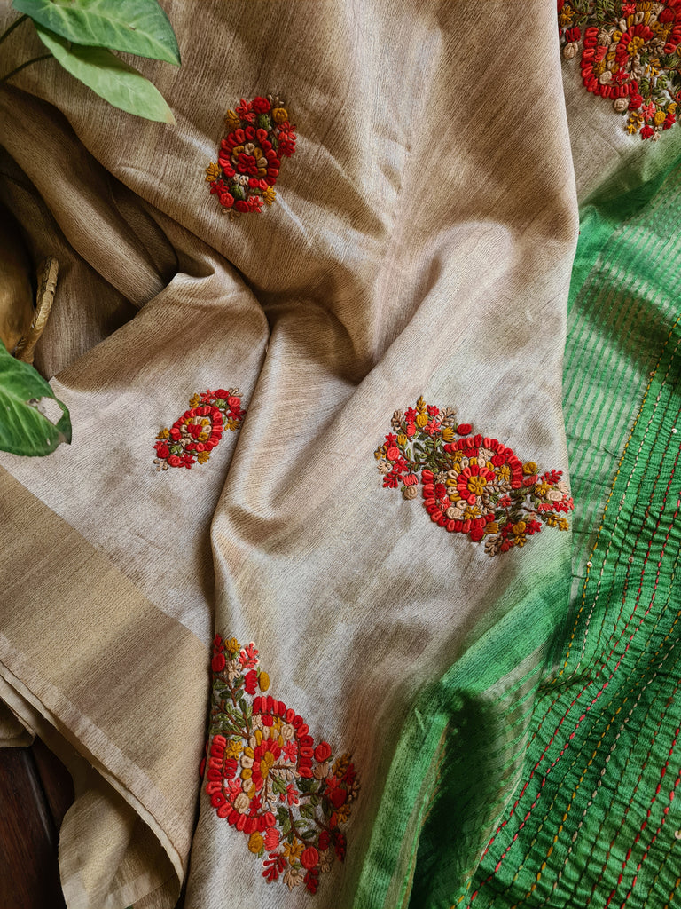 Zynah Tussar & Turquoise Green Color Jute Tissue Silk Handcrafted Saree with French Knot Hand Embroidery; Custom Stitched/Ready-made Blouse, Fall, Petticoat; Shipping available USA, Worldwide