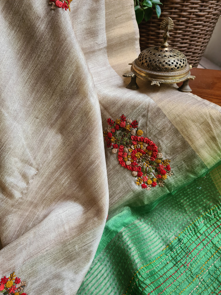 Zynah Tussar & Turquoise Green Color Jute Tissue Silk Handcrafted Saree with French Knot Hand Embroidery; Custom Stitched/Ready-made Blouse, Fall, Petticoat; Shipping available USA, Worldwide