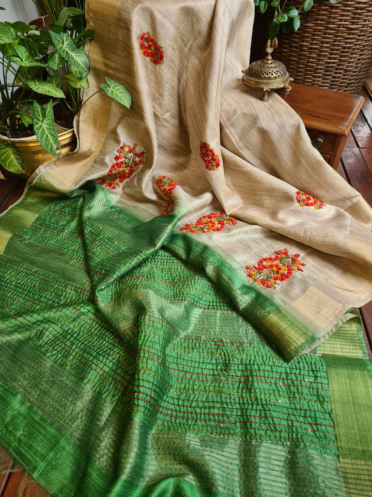 Zynah Tussar & Turquoise Green Color Jute Tissue Silk Handcrafted Saree with French Knot Hand Embroidery; Custom Stitched/Ready-made Blouse, Fall, Petticoat; Shipping available USA, Worldwide